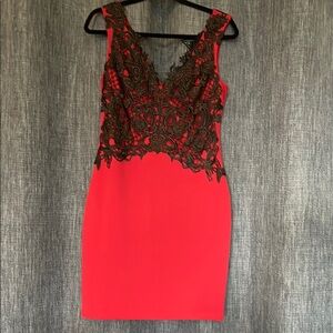 Womens 10 Lipsy Deep Red Dress with Black Lace Overlay Double V Neck